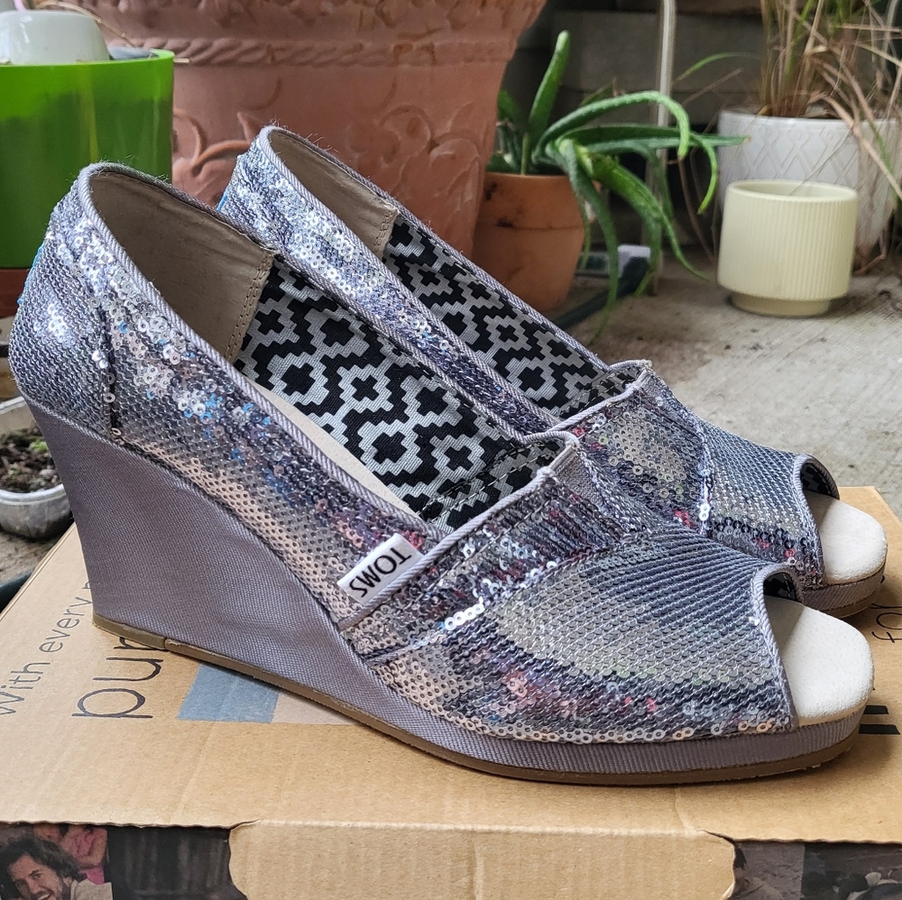 Silver Sequin Open Toe Wedges